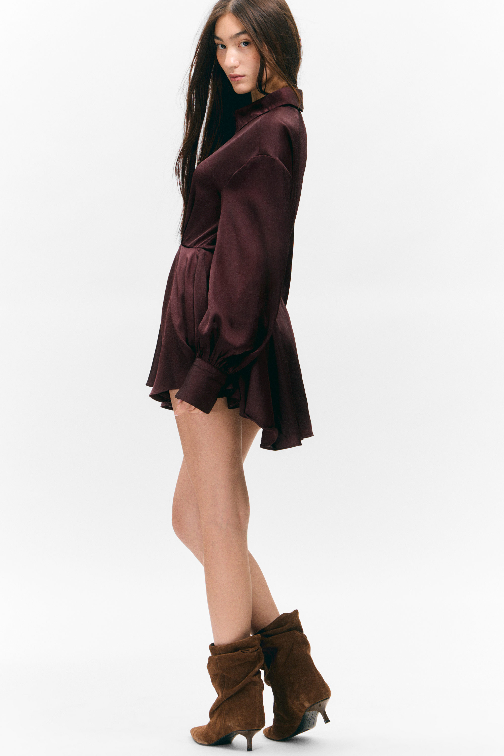 Dark Plum - Long-Sleeved Fit-and-Flare Mini Dress - 2