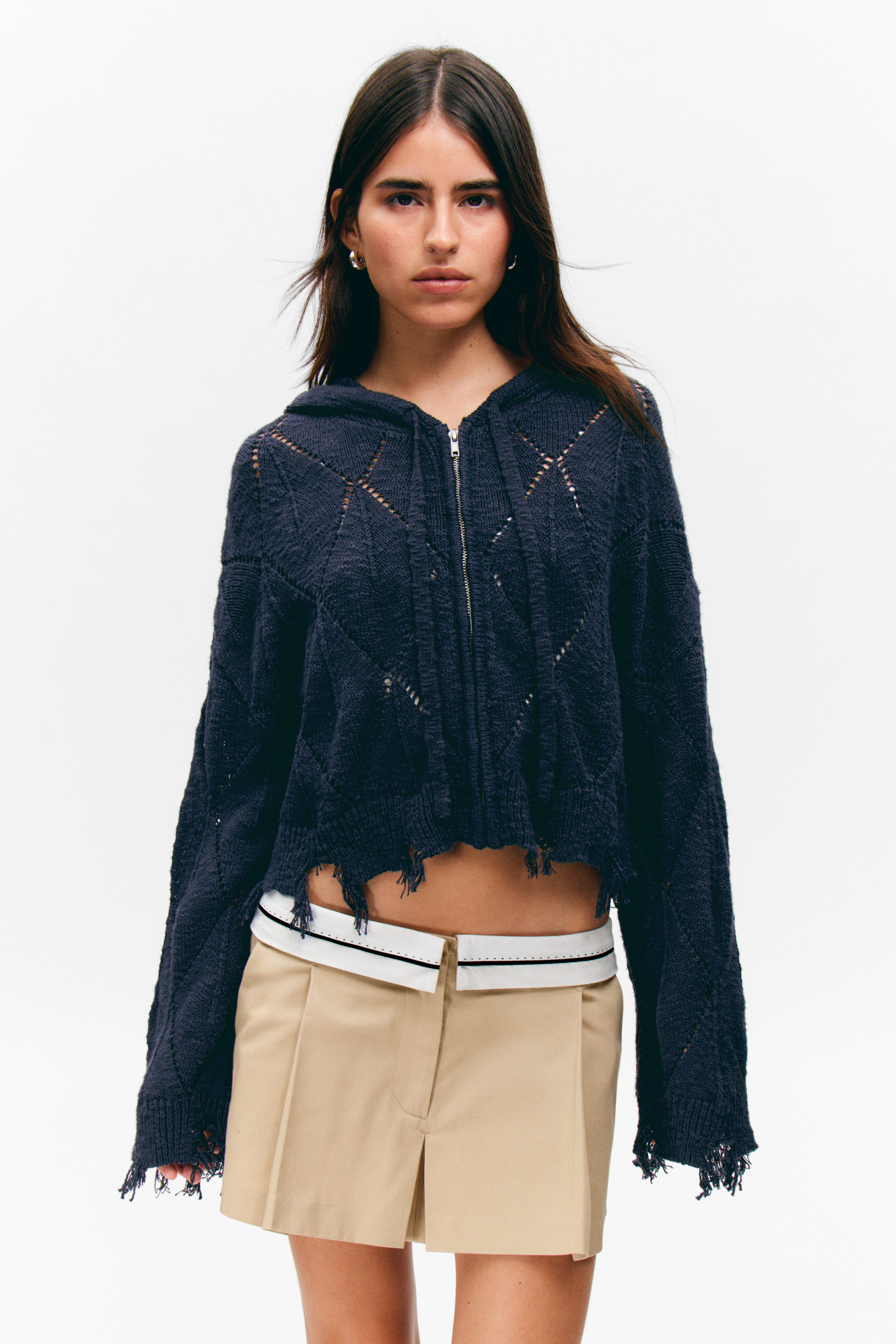 Dunkelblau - Kurzer Zip-Hoodie aus Pointelle-Strick - 2