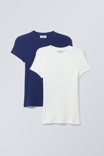 Blå/Vit - 2-pack figurnära ribbade T-shirts - 0