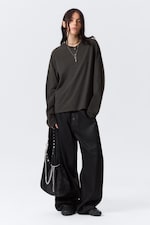 Dark Grey - Boxy Long-Sleeved Henley T-shirt - 1