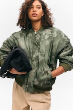 Dark Khaki - Floral - Loose Reversible Bomber Jacket - 1