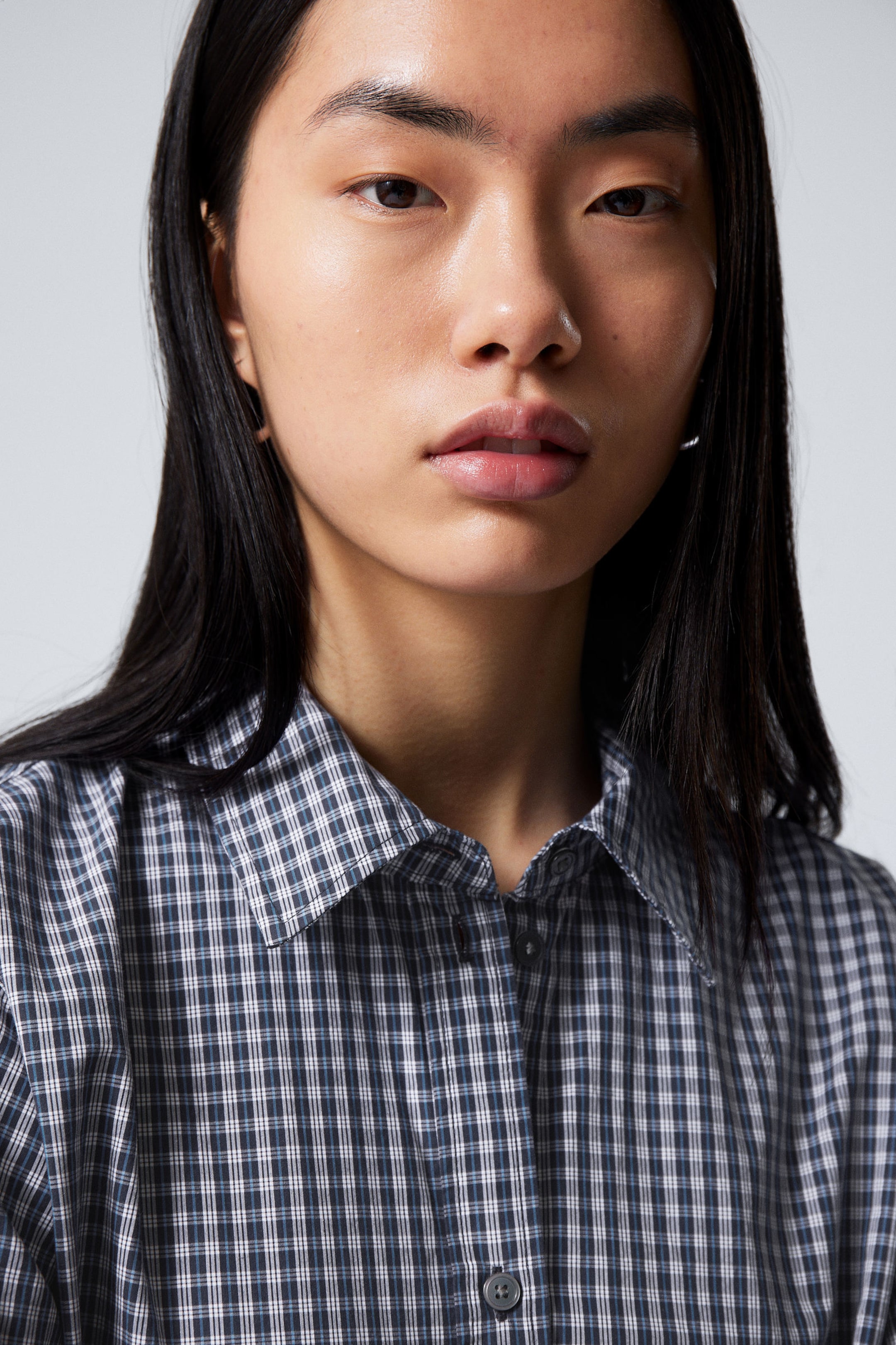Dark Blue Check - Long-Sleeved Poplin Cotton Shirt - 2