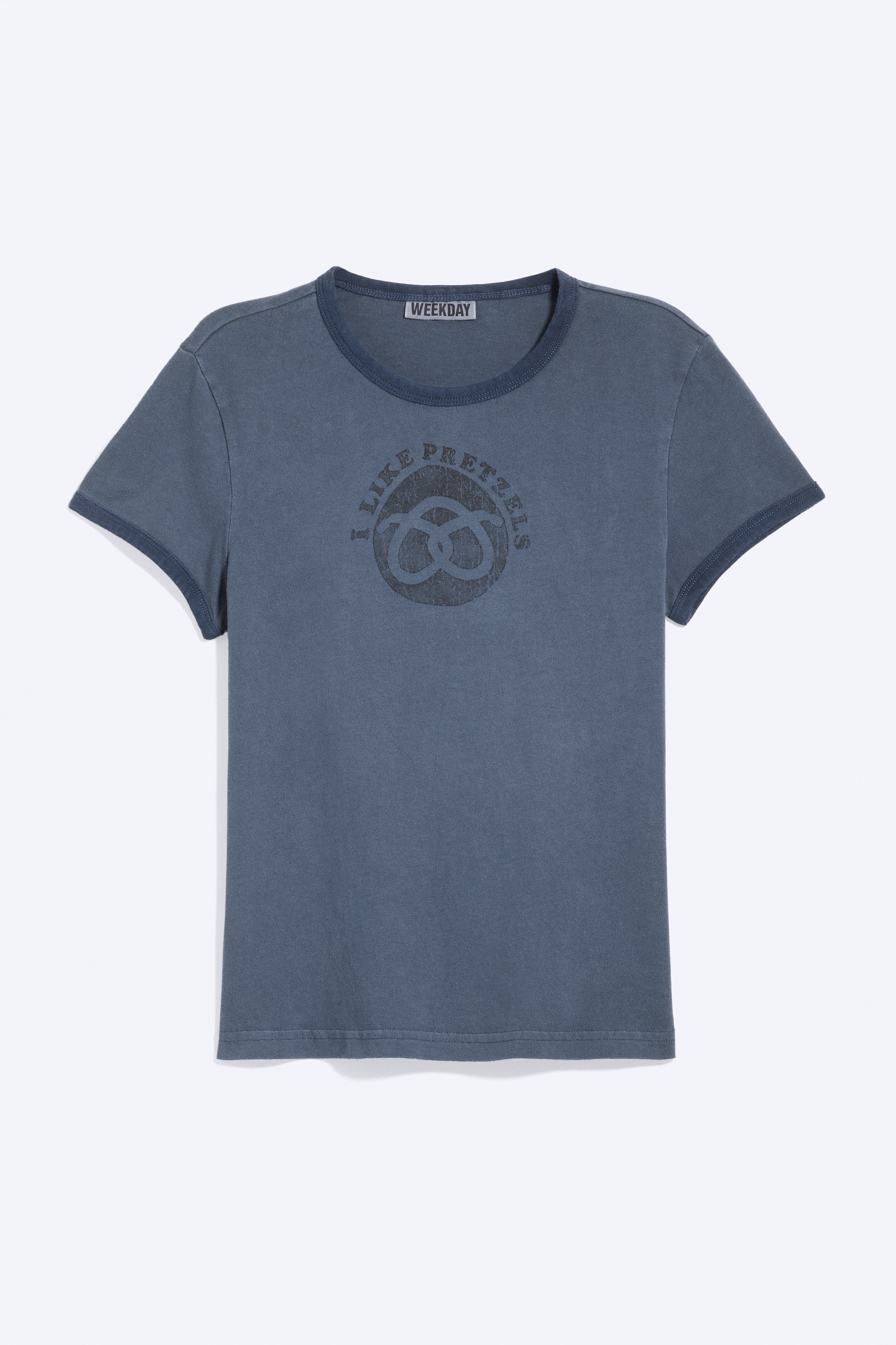 Boxy Printed Short-Sleeved T-shirt - Dark Blue - Pretzels/Grey Melange