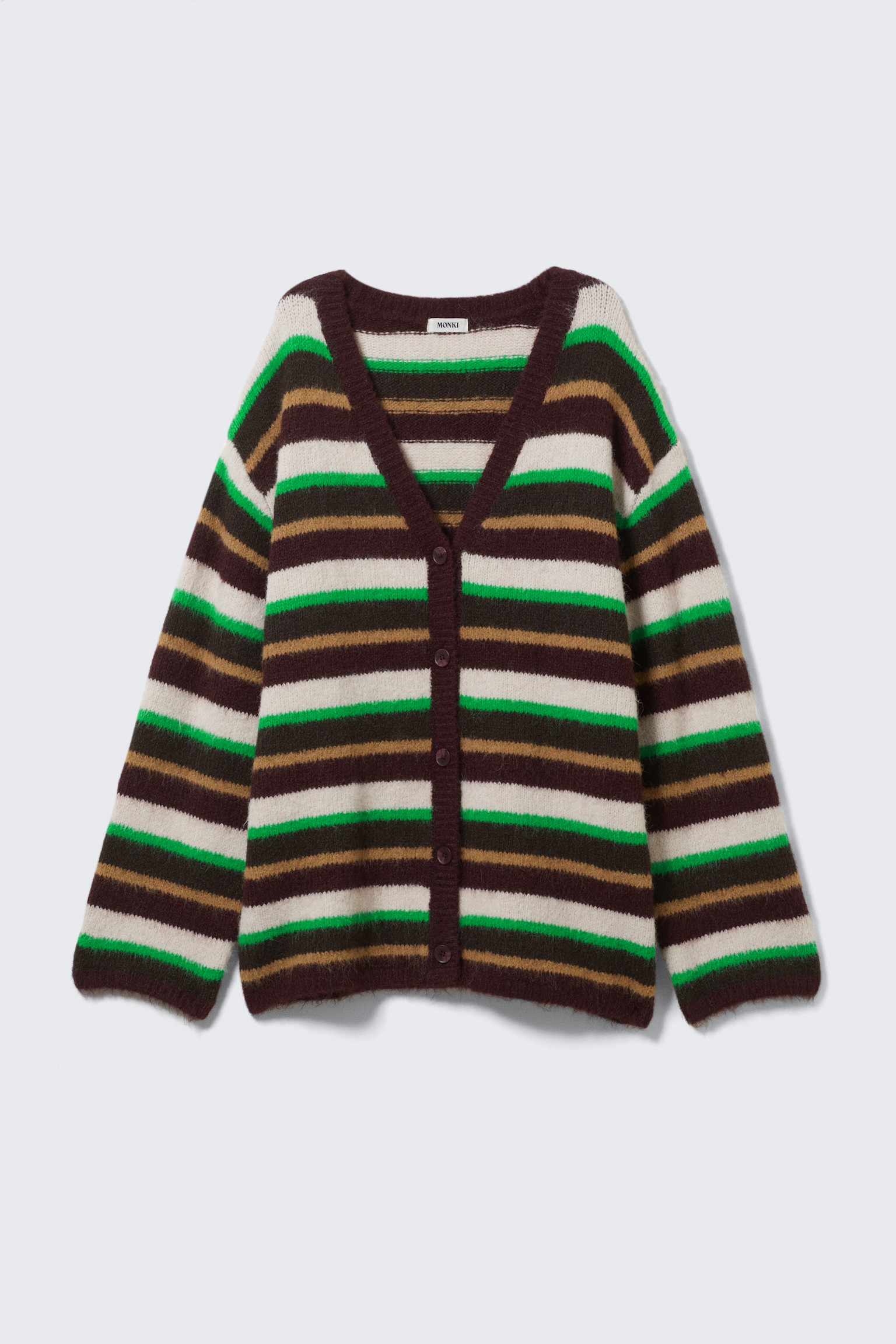 Soft Knit V-Neck Cardigan - Plum/Green/Beige Stripe/Dusty Beige/Dark Brown & Yellow Stripes - 2