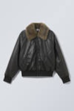 Black - Loose Fit Faux Leather Bomber Jacket - 0