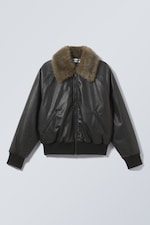 Black - Loose Fit Faux Leather Bomber Jacket - 0