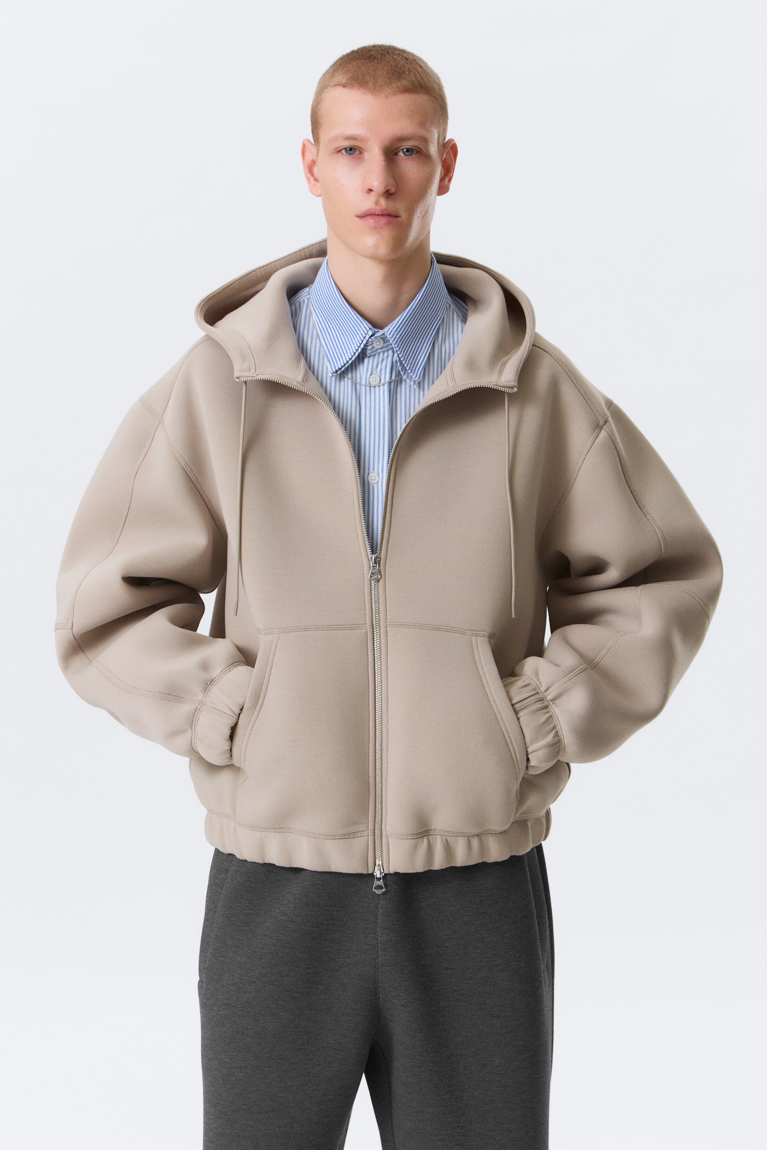 Bluza z kapturem scuba z suwakiem Loose High-Neck - Light Dusty Mole/Czarny - 1