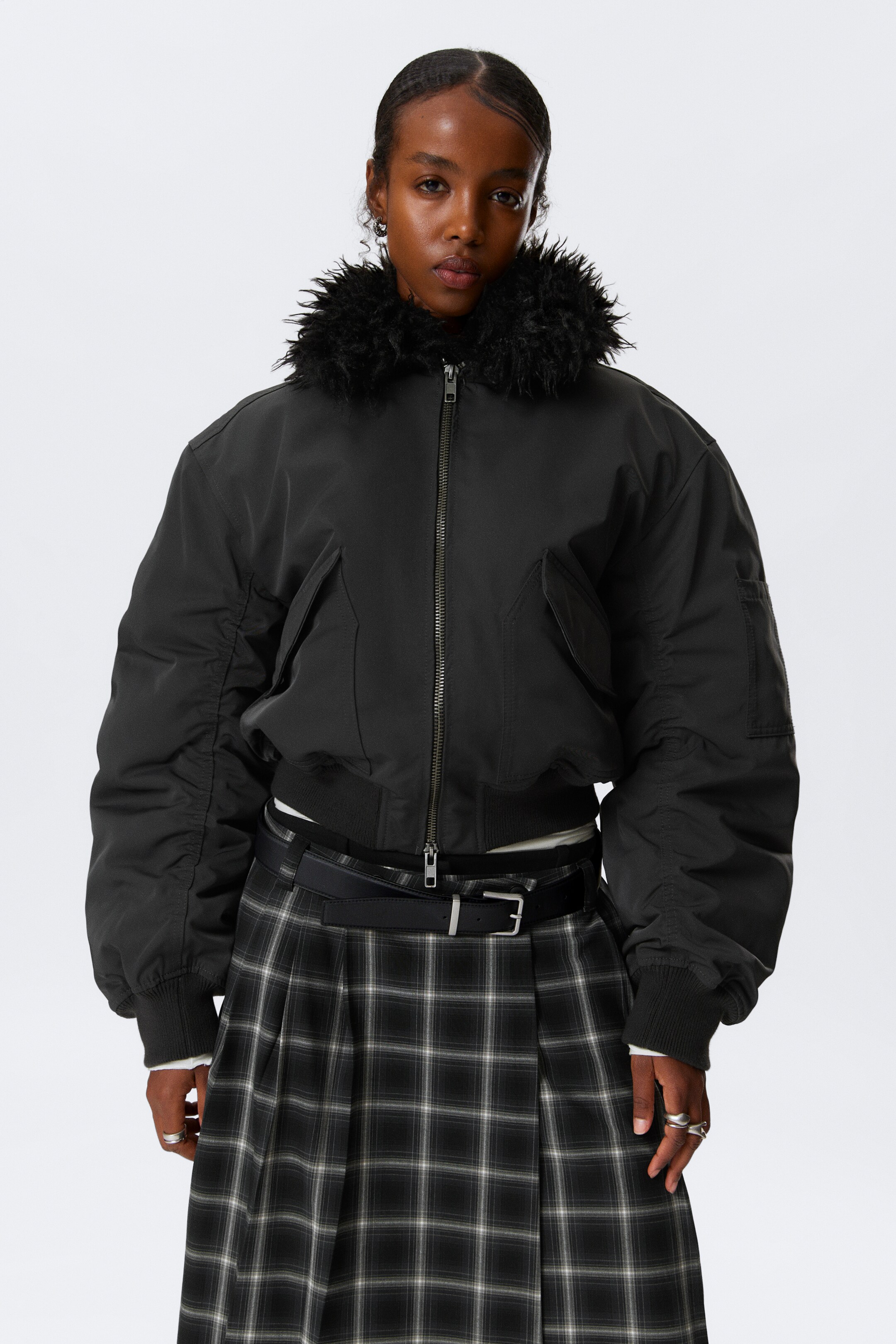 View larger image: Faux Fur Collar Bomber Jacket - Dark Grey - Ladies | H&M GB 2