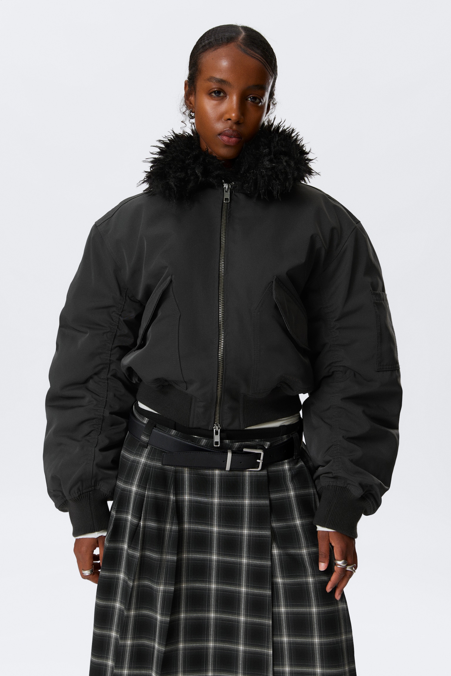 Cazadora bomber con cuello de pelo sintético - Gris oscuro/Topo oscuro - 4