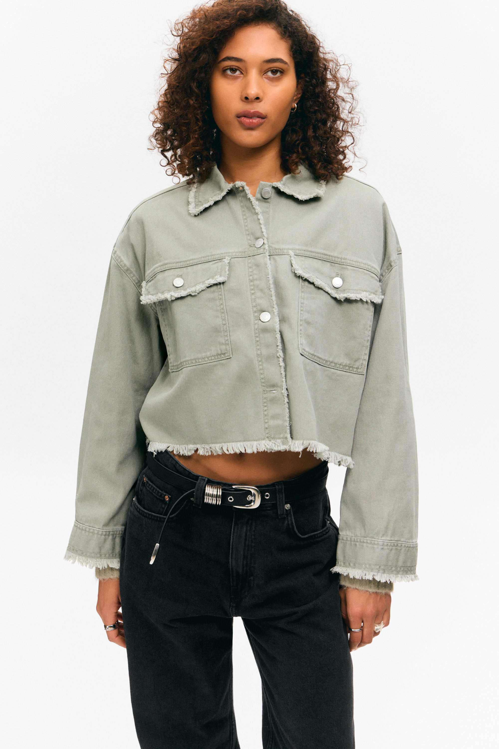 Khakigrün - Cropped Twilljacke mit kastigem Fit - 2