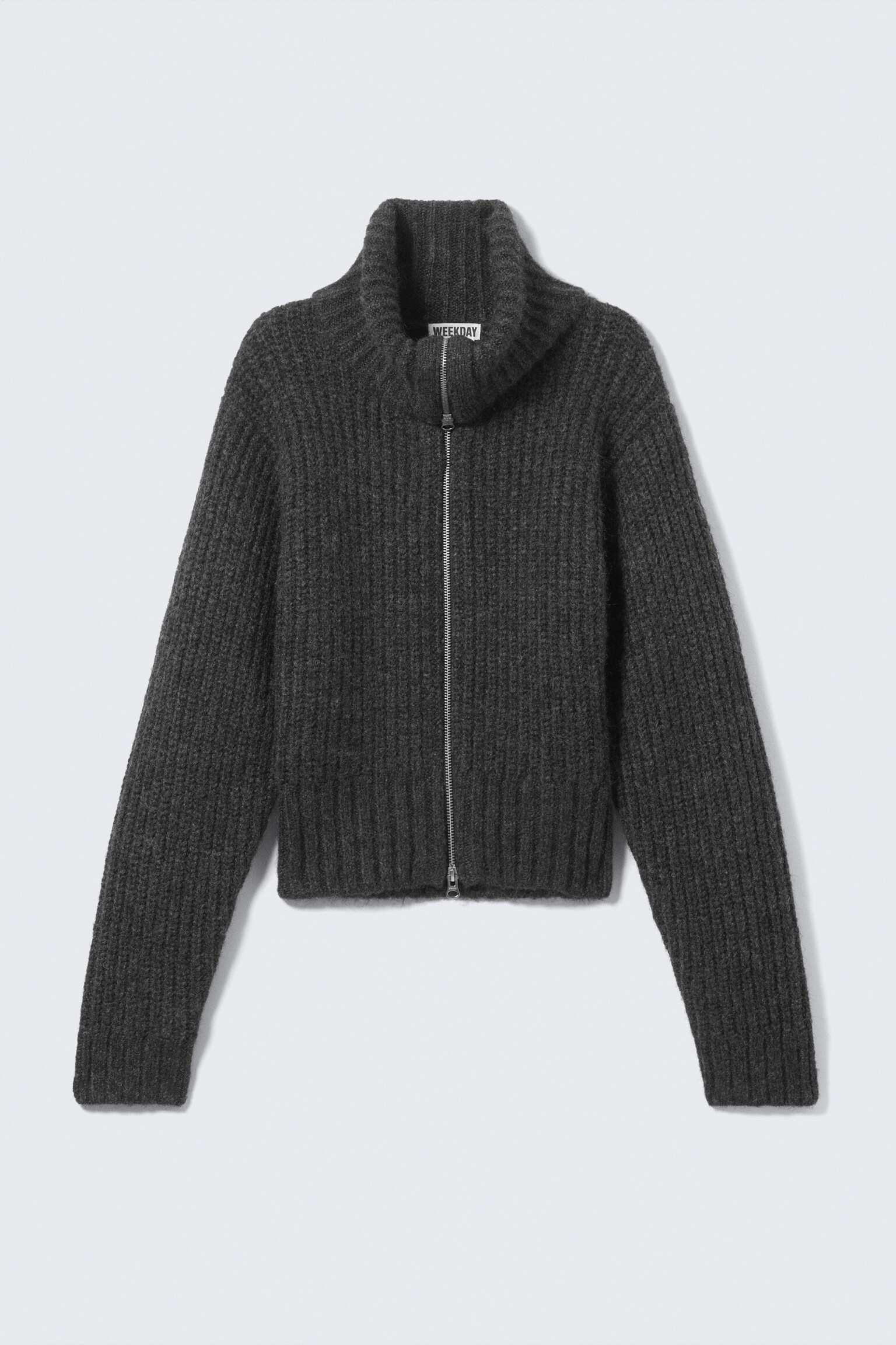 Ribbed Zip-Up Knit Cardigan - Dark Grey Melange/Dark Red Melange - 2