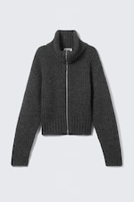 Dark Grey Melange - Ribbed Zip-Up Knit Cardigan - 3