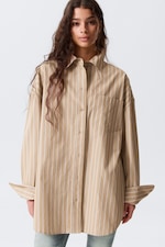 Striped Beige - Oversized Long-Sleeved Shirt - 1