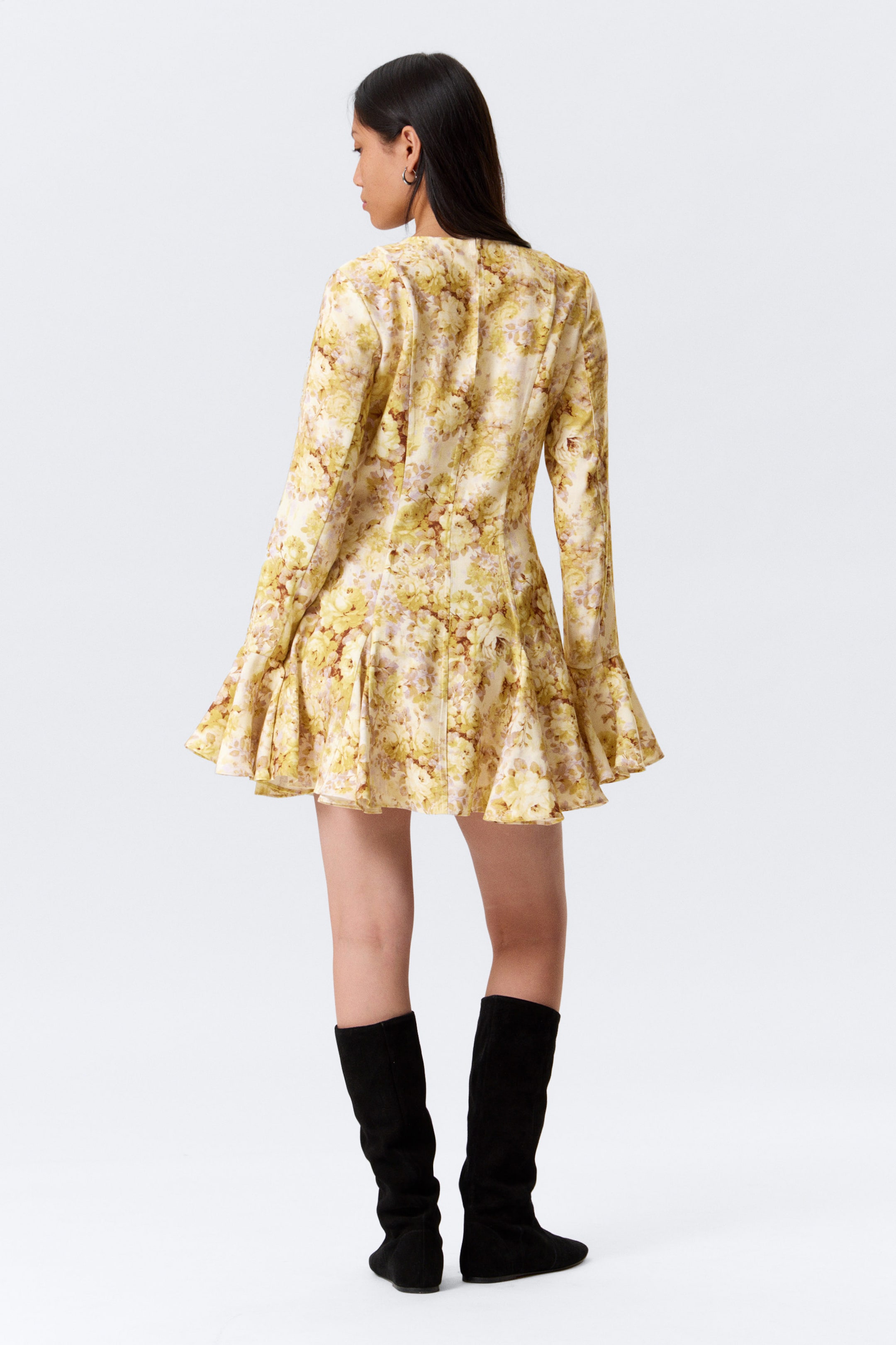 Yellow Floral Print - Slim Long-Sleeved Mini Flounce Dress - 3