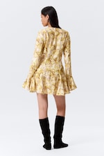 Yellow Floral Print - Slim Long-Sleeved Mini Flounce Dress - 3