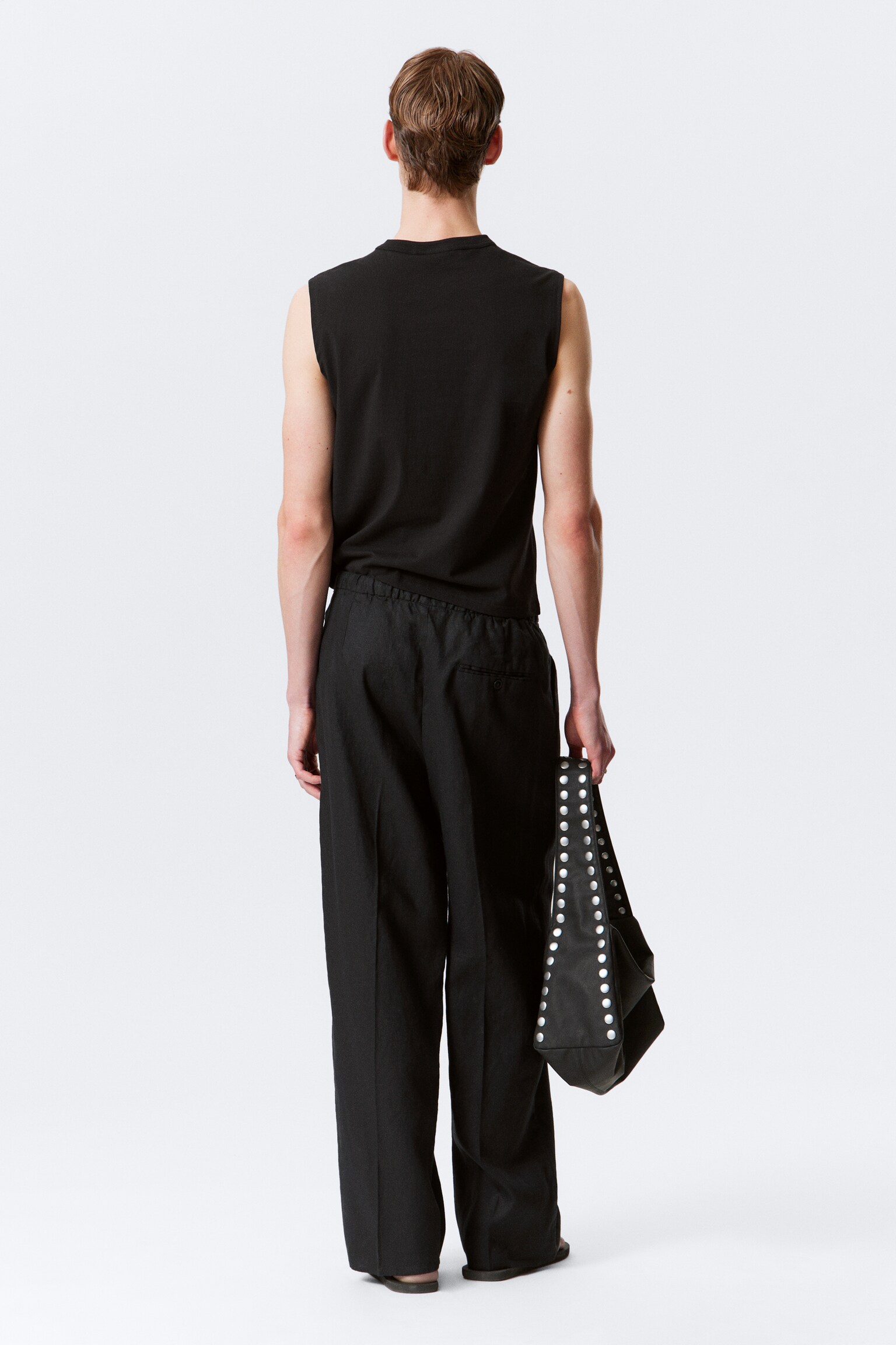 Pantalón de lino holgado de pernera recta - Negro/Blanco/Gris oscuro - 3