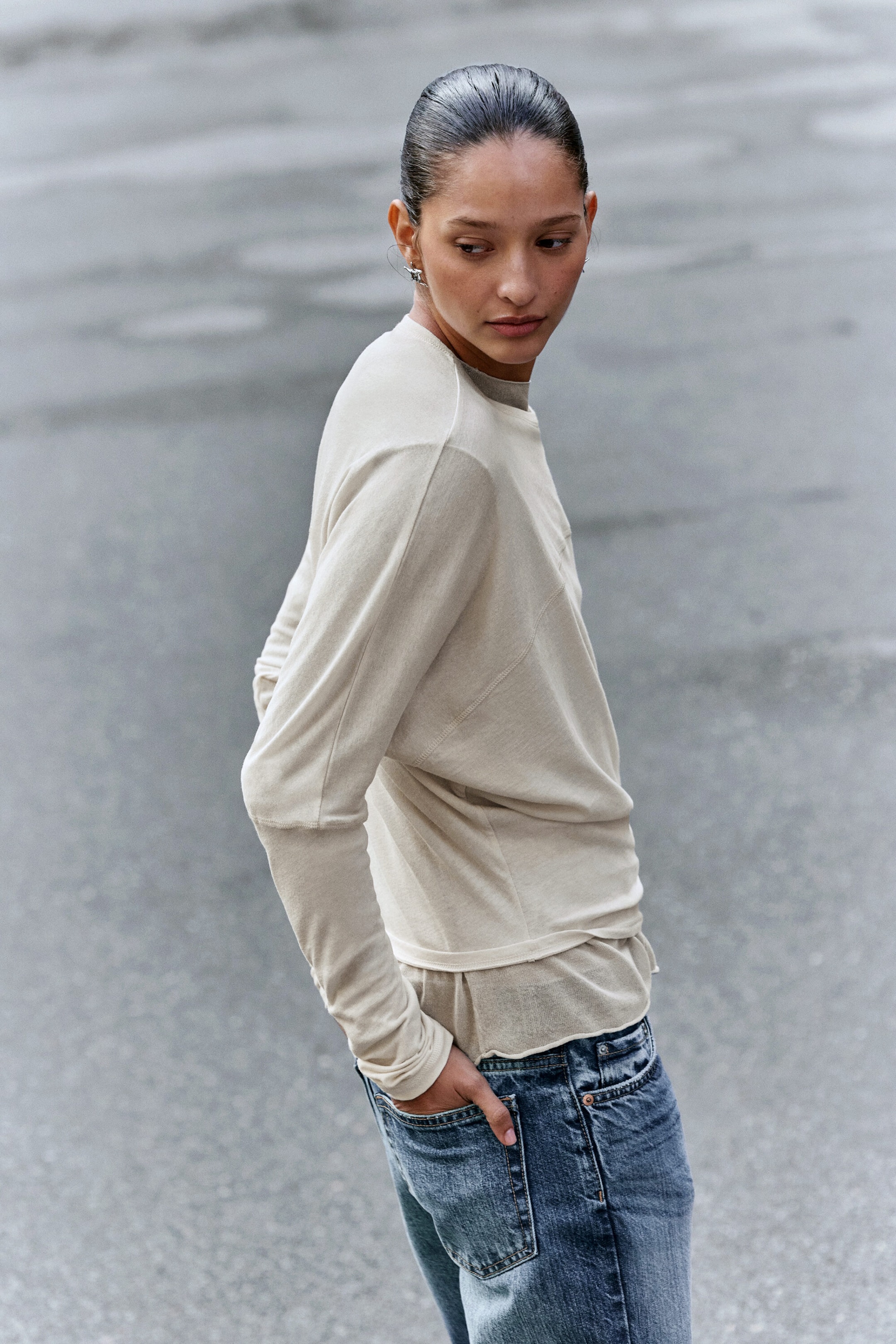 Beige clair - T-shirt à manches longues chauve-souris - 3