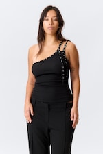 Black - Eyelet Detail Asymmetric Tank Top - 0