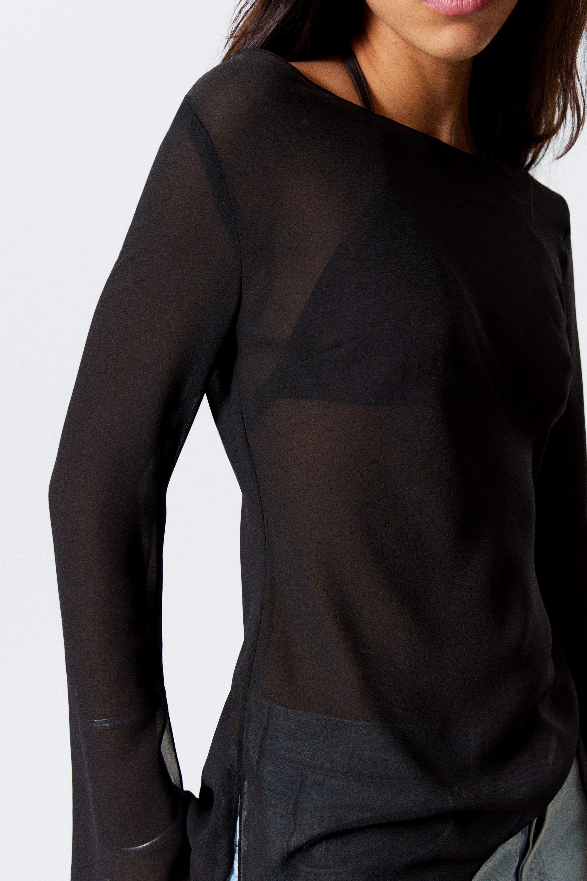 Black - Sheer Asymmetric Long-Sleeved Blouse - 2