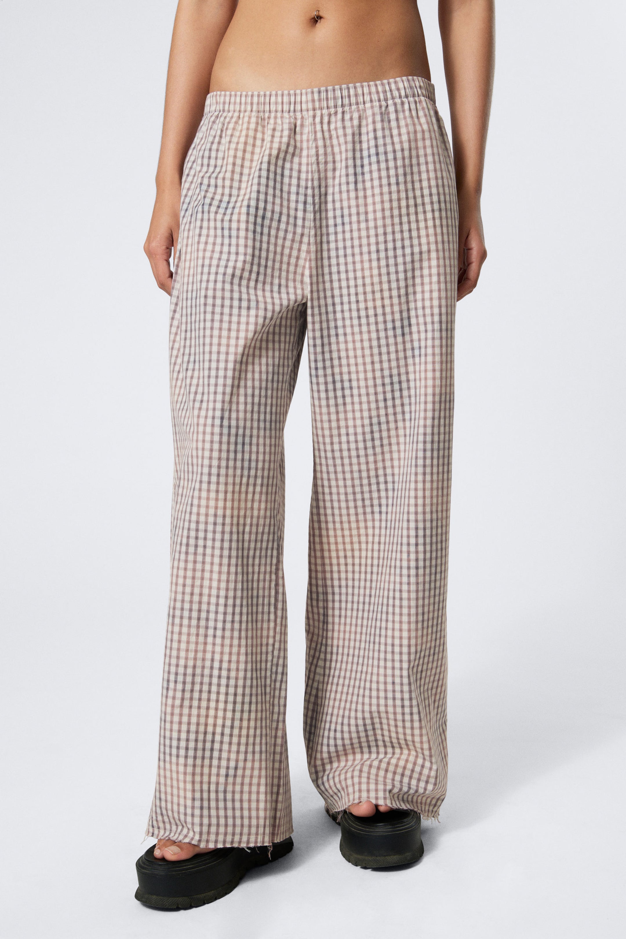 Blue Check - Bleached Effect - Low Loose Bleached Cotton Trousers - 2
