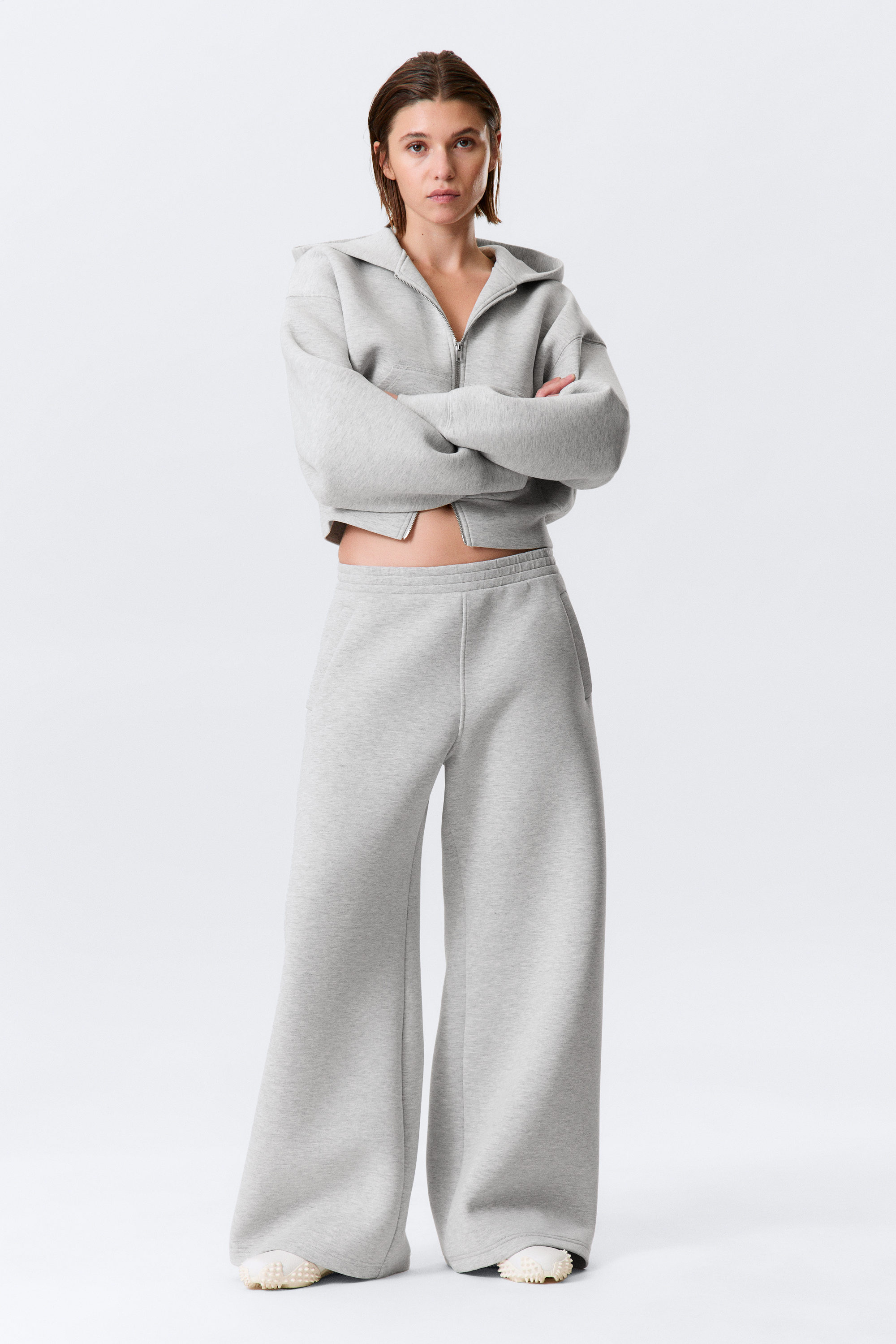 Grey Melange - Relaxed Wide Leg Scuba Sweatpants - 1