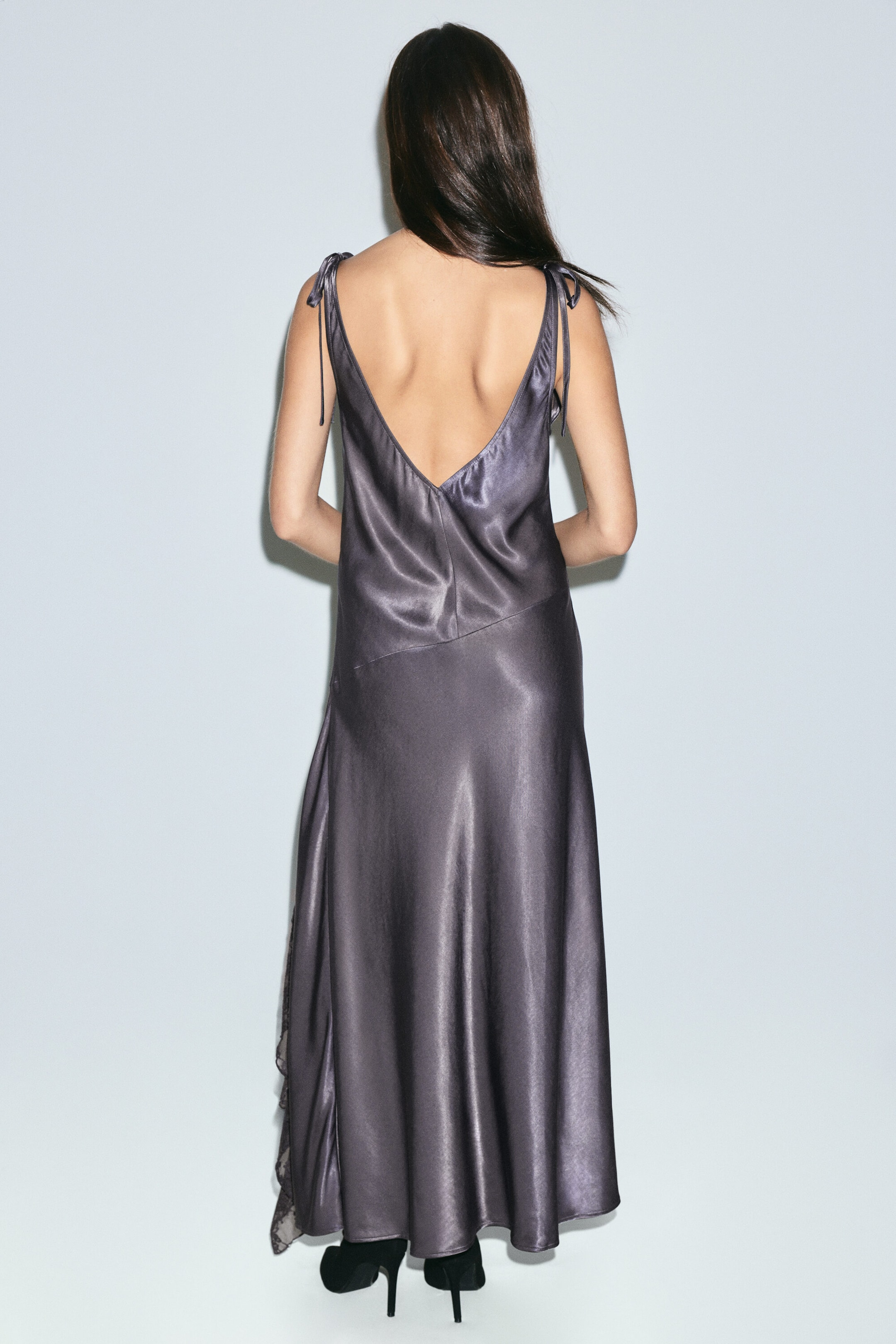 Dark Grey - Lace-Insert Satin Maxi Dress - 3