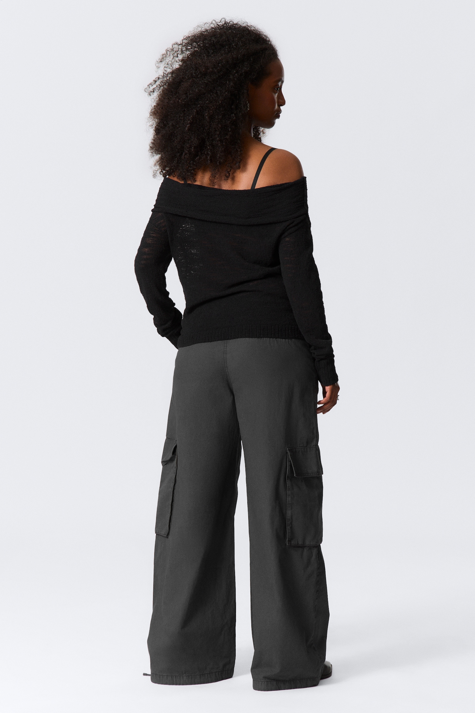 Off-Shoulder Knitted Sweater - Black/Dark Brown - 3