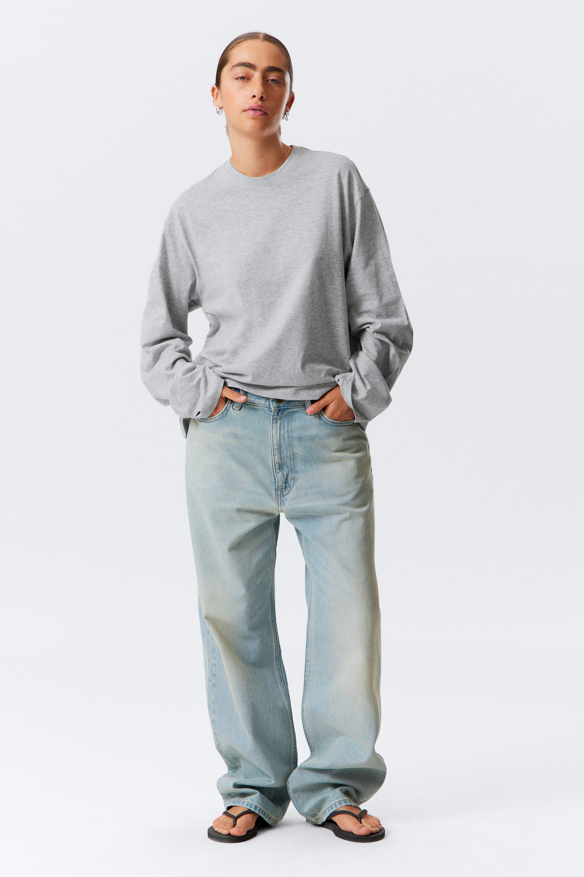 Grey Melange - Long-Sleeved Boxy Cotton T-shirt - 2