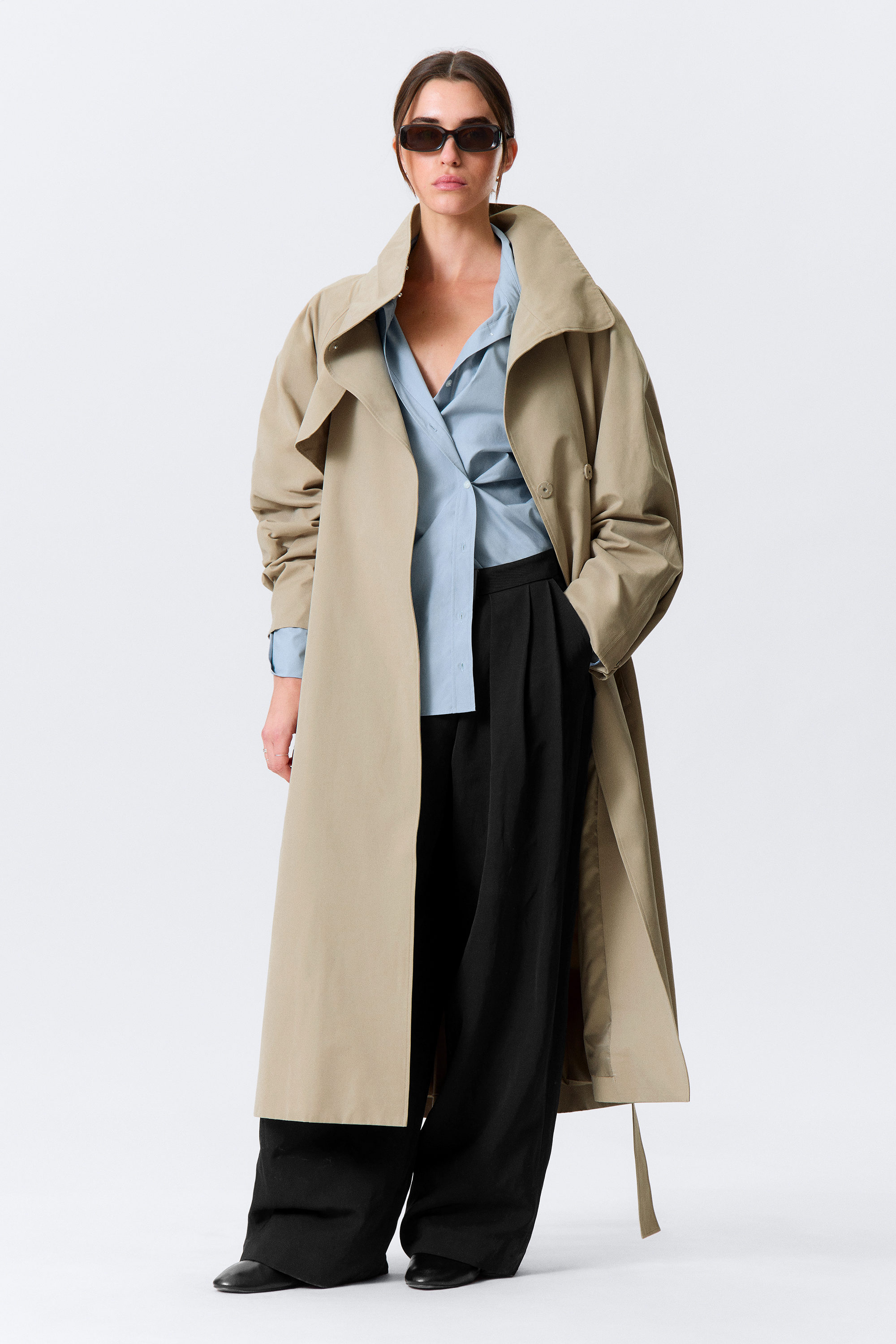 Beige - Loose Fit Trench Coat with Funnel Collar - 4