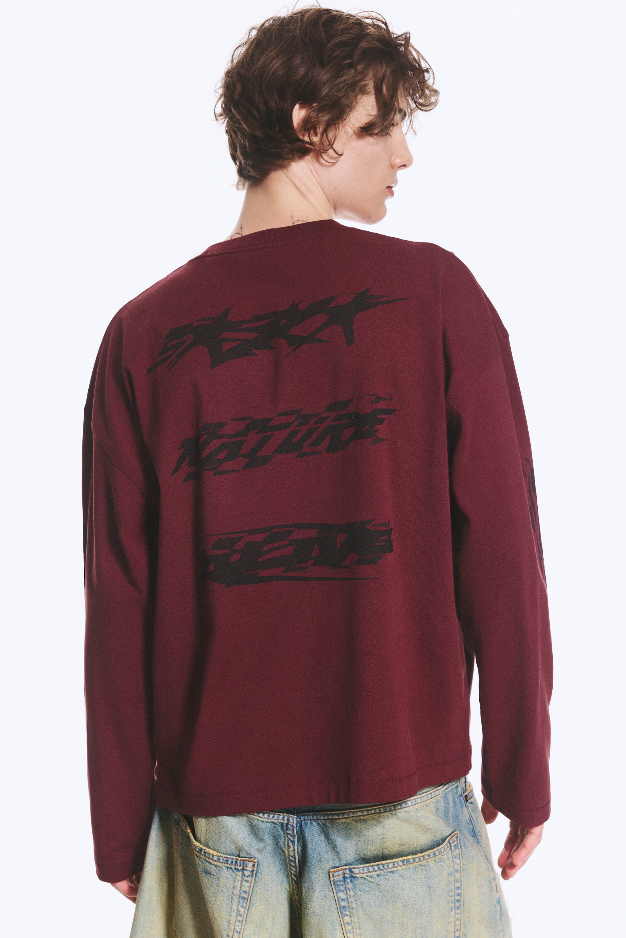Dark Red - Racer - Oversized Graphic Long-sleeve - 3