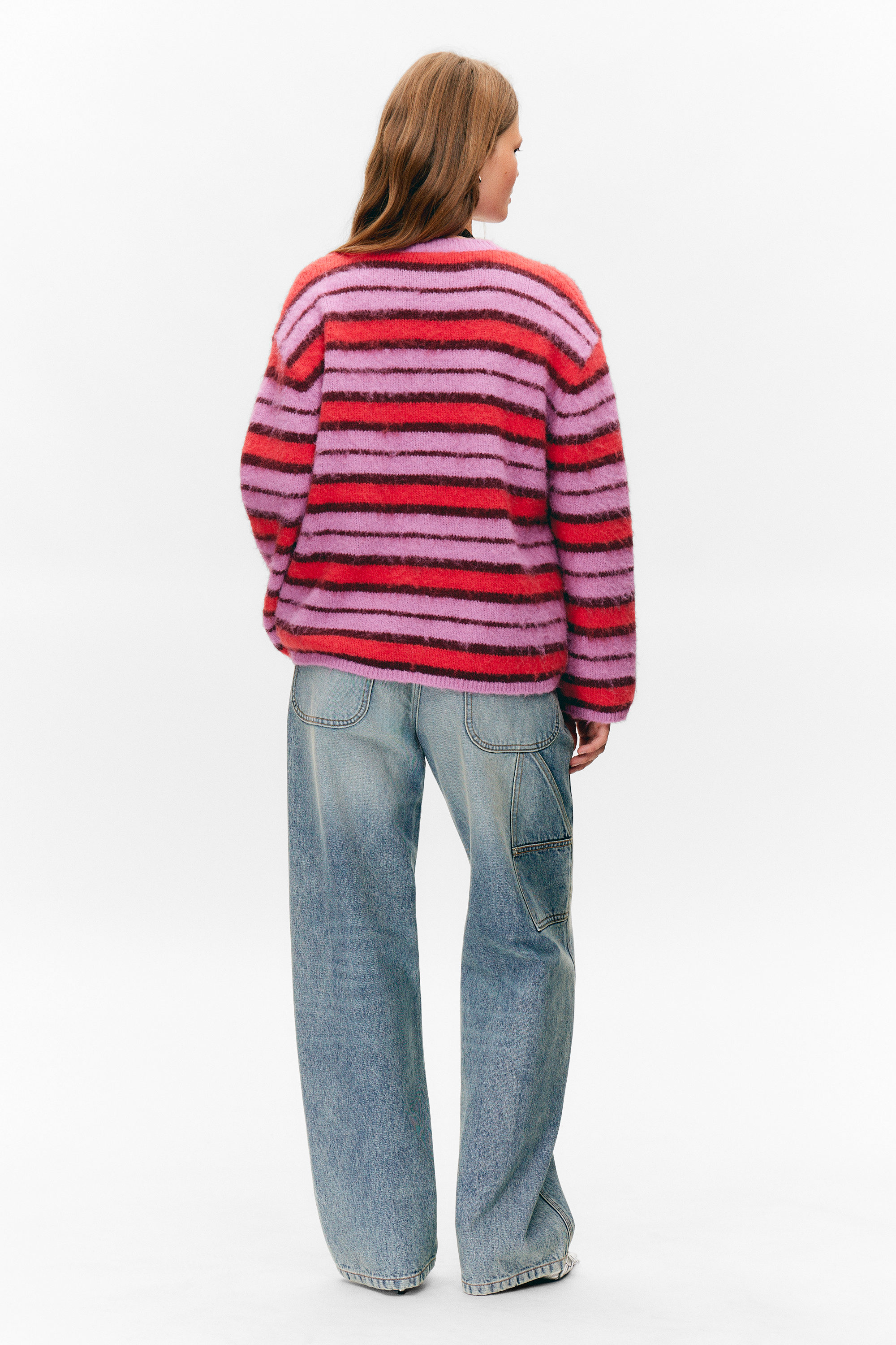 Rayures roses et rouges - Cardigan en maille duveteuse - 2