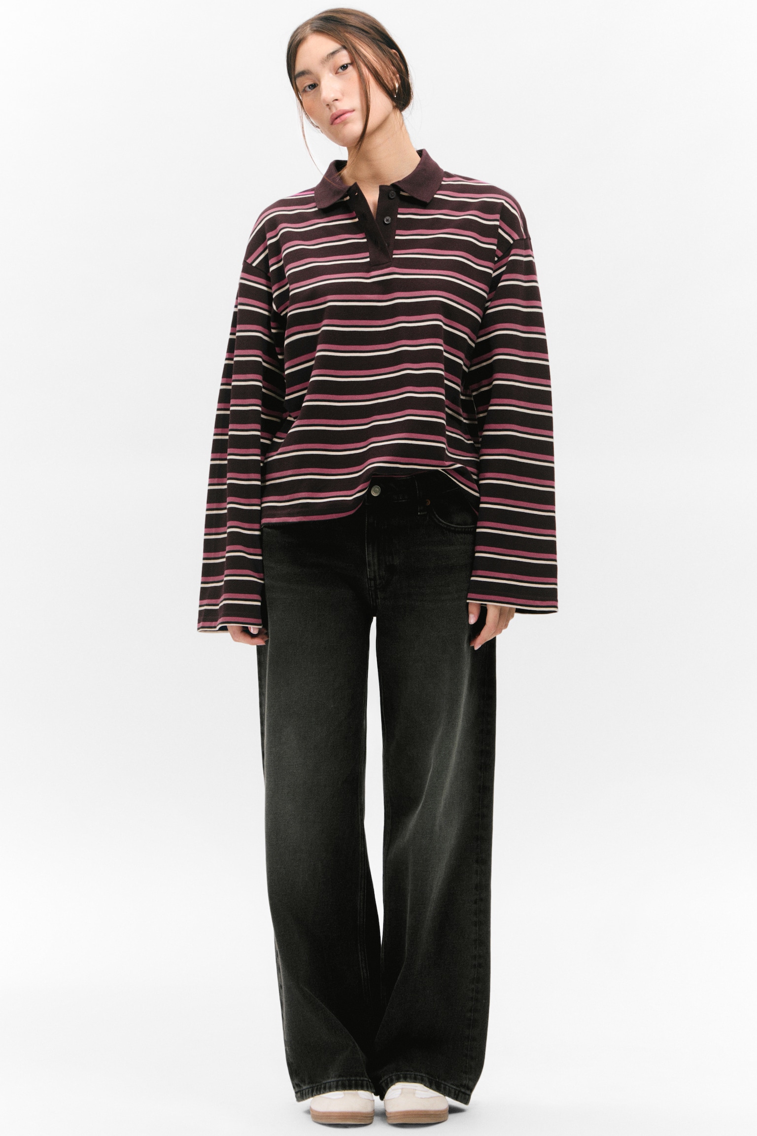 Long-Sleeved Cotton Polo Top - Dark Plum - Pink Stripes/Gestreept donkerbruin/White - Black Dots/Striped Light Pink - 5