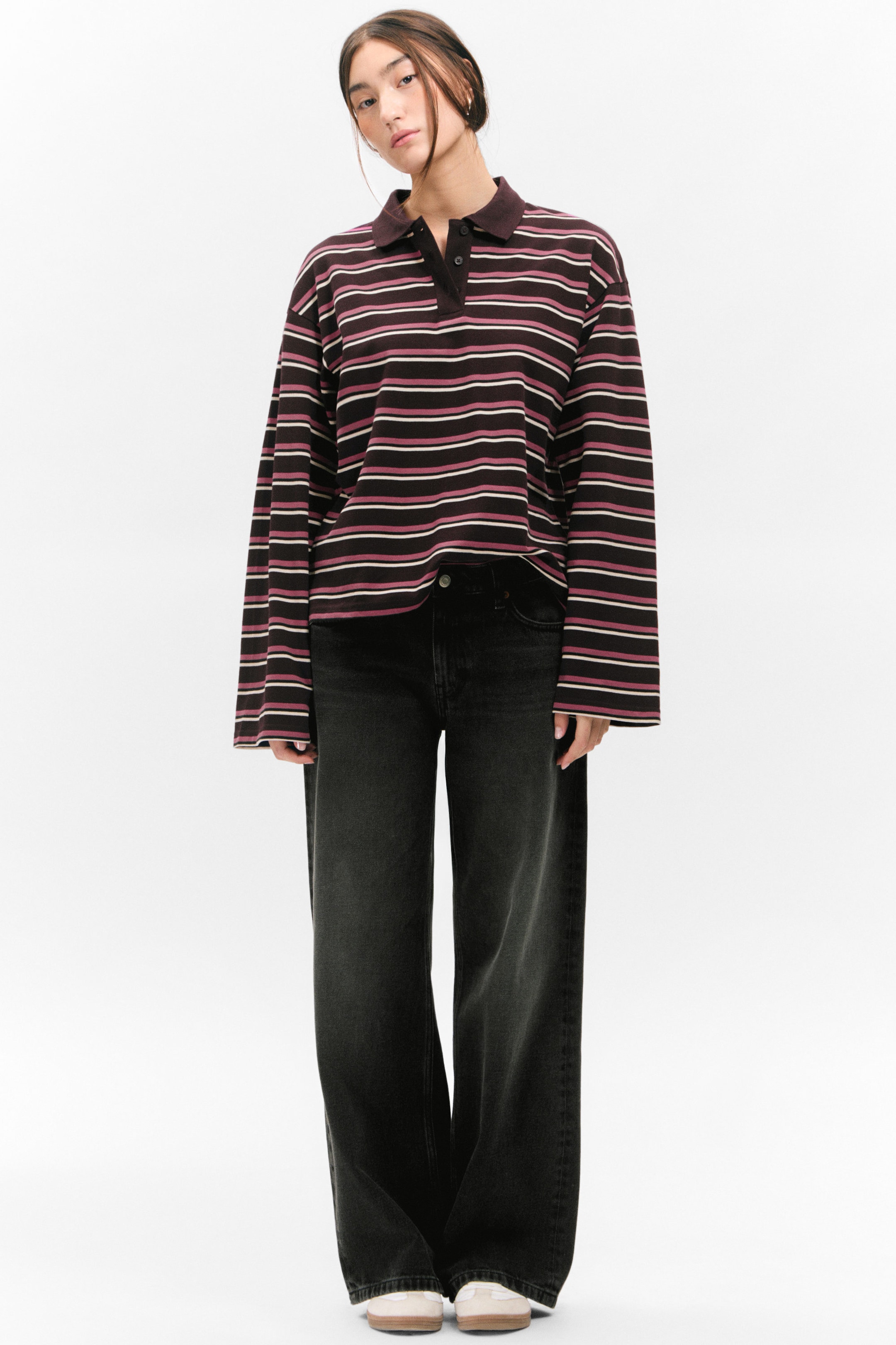 Mörk plommon - rosa ränder - Långärmad bomullspolotröja - 2