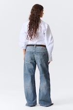 Mid Blue - Medium Blue - Low Rise Loose Barrel Leg Workwear Jeans - 3