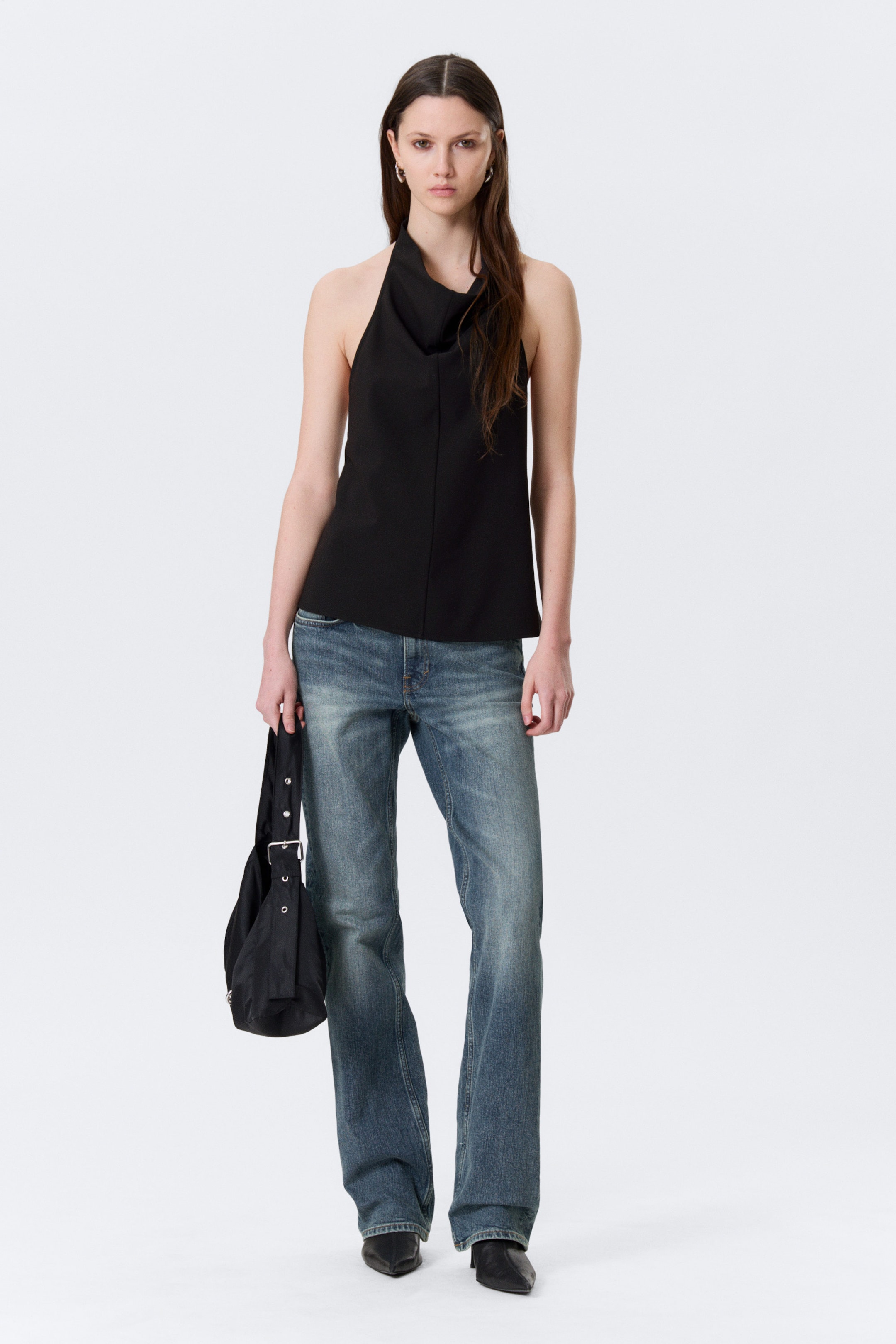 Black - Draped Halter Cowl-Neck Top - 2