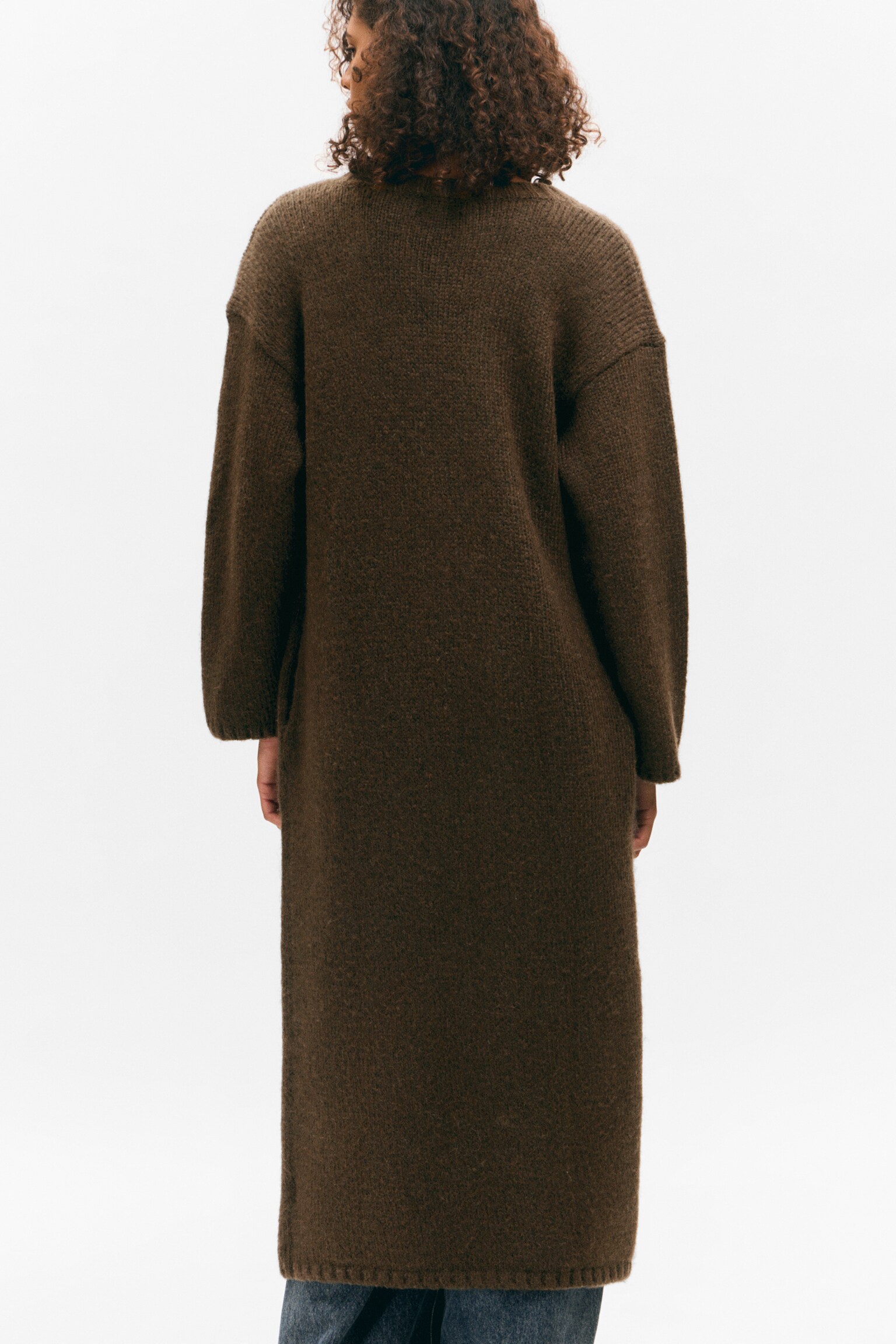 Long Knit V-Neck Cardigan - Dark Brown - 3