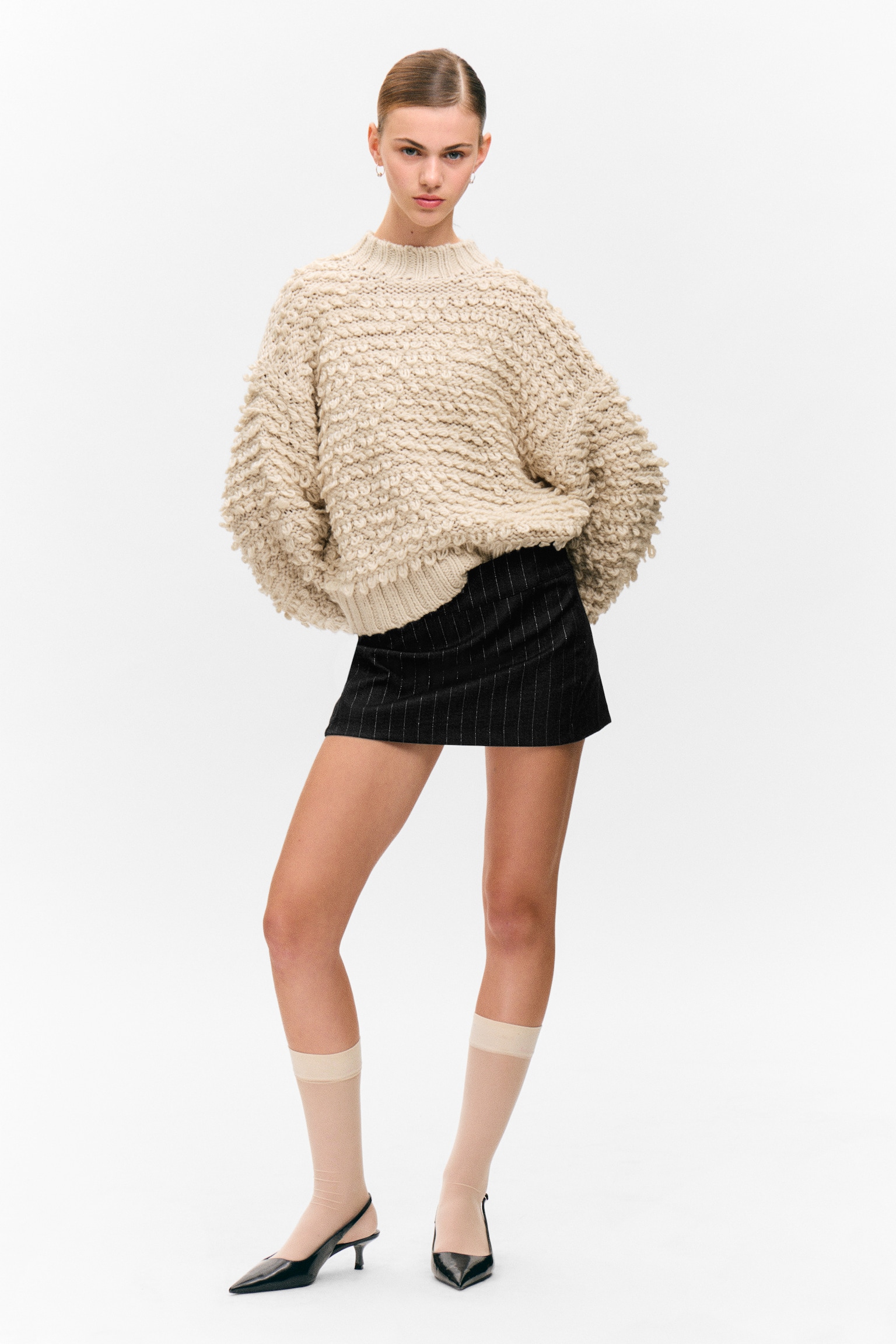 Textured Loop Knit Sweater - Beige/Light Green - 4