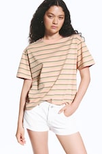 Pink/Khaki Stripe - Boxy Cotton T-shirt - 0