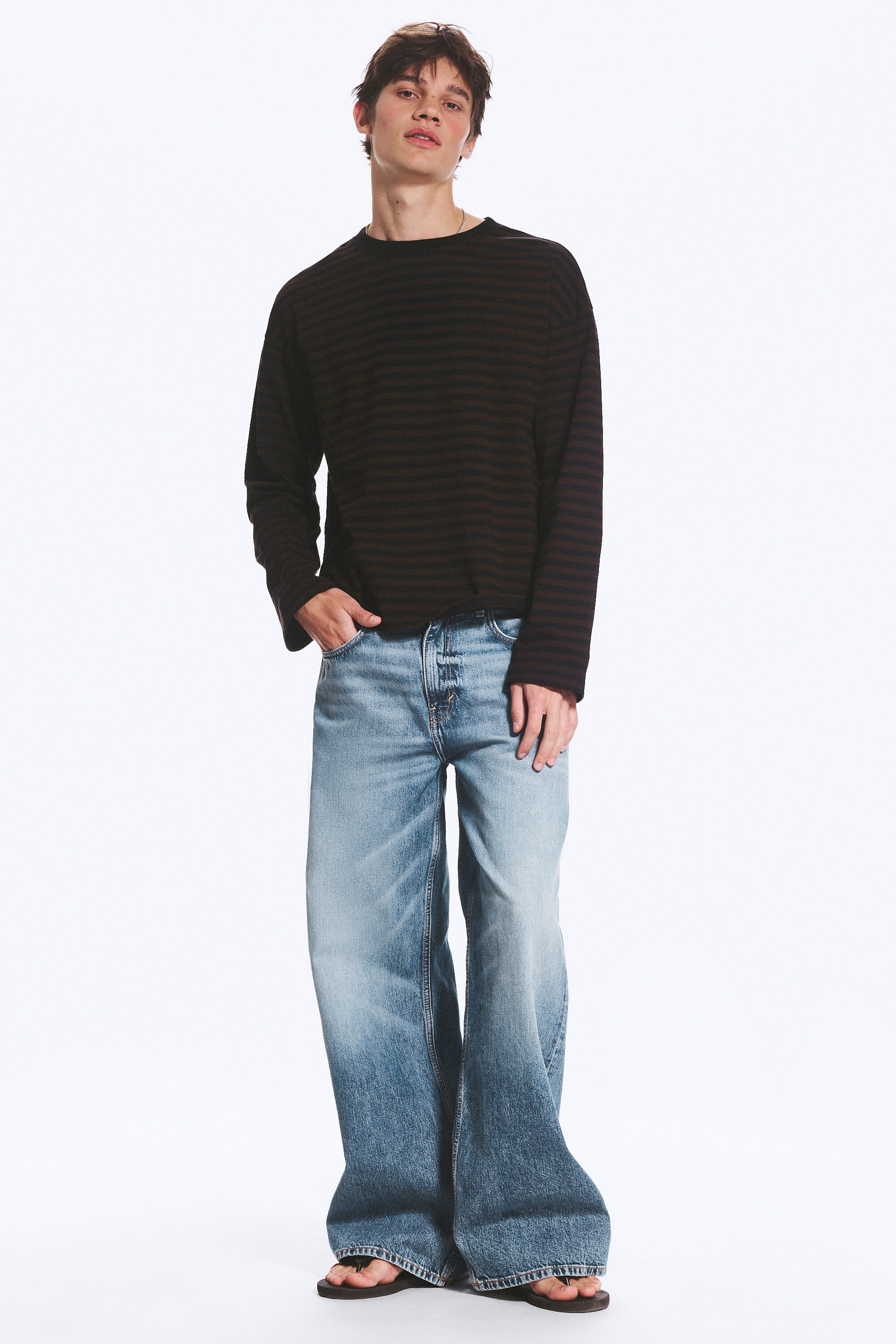 Striped Dark Brown - Loose Boxy Long-Sleeved T-shirt - 2