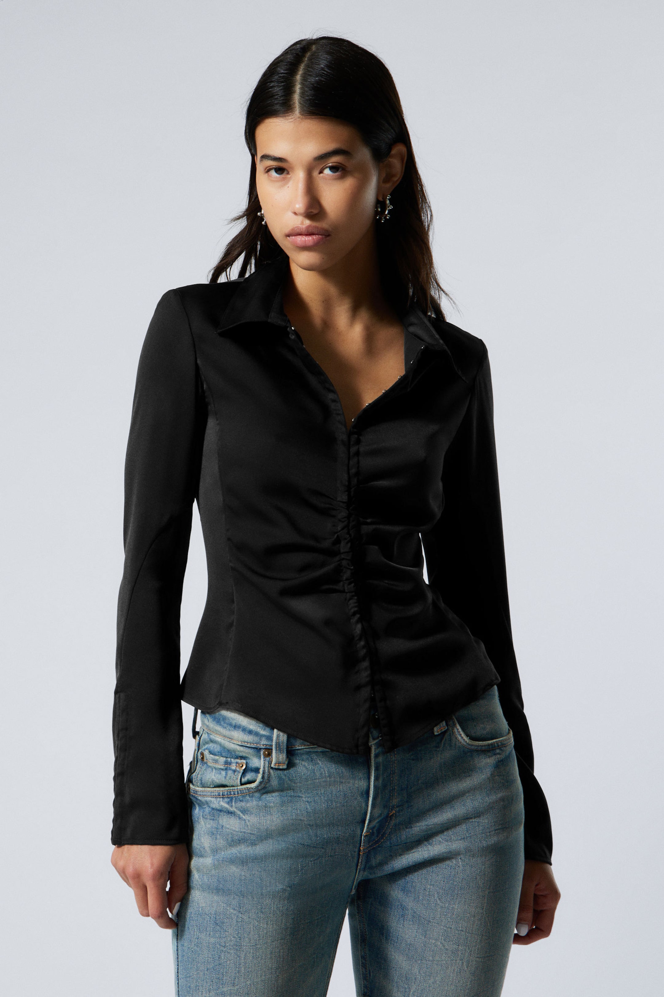 Black - Long-Sleeved Fitted Satin Shirt - 1