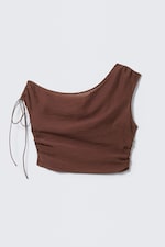Brown - Sheer Asymmetric Drawstring Top - 0