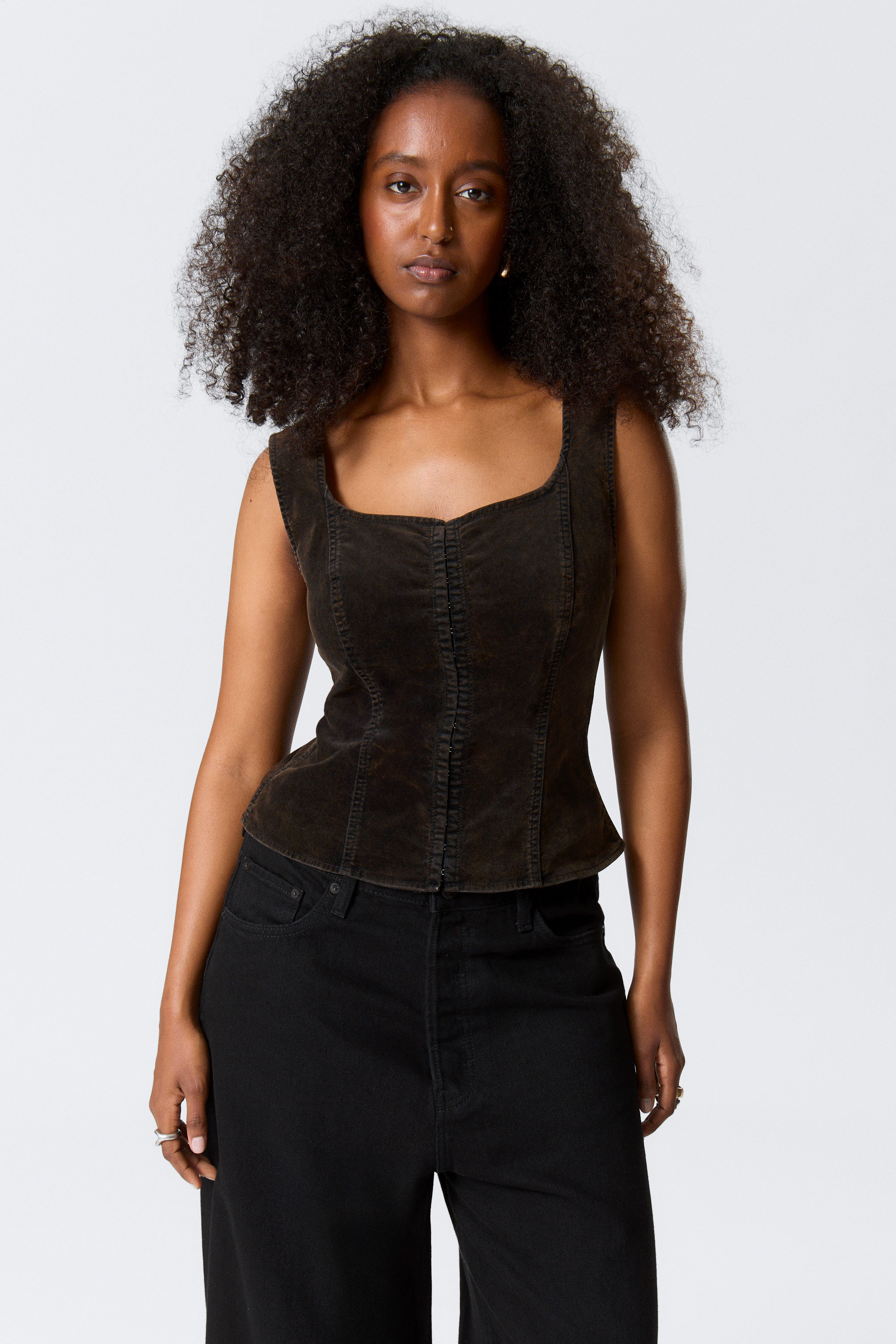 Dark Brown - Fitted Washed Velvet Hook-and-Eye Top - 1