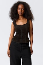 Dark Brown - Fitted Washed Velvet Hook-and-Eye Top - 0