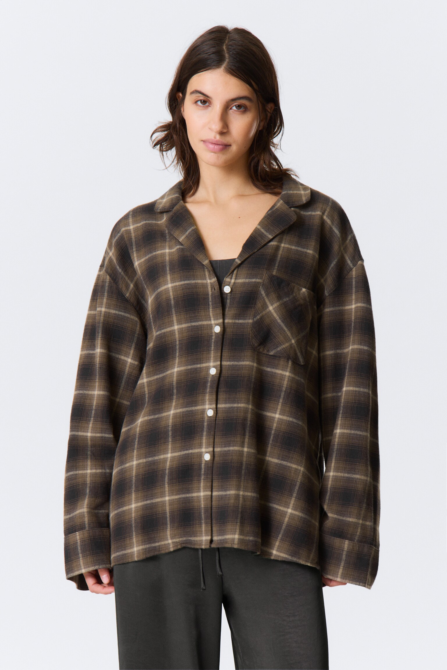Relaxed Flannel Pyjama Shirt - Checked Dark Brown/Checked Beige - 3