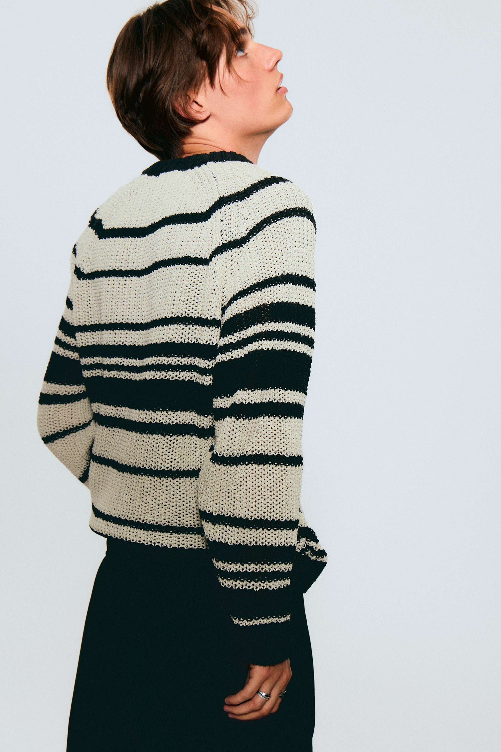 Striped Beige - Striped Knitted Raglan-Sleeved Sweater - 3
