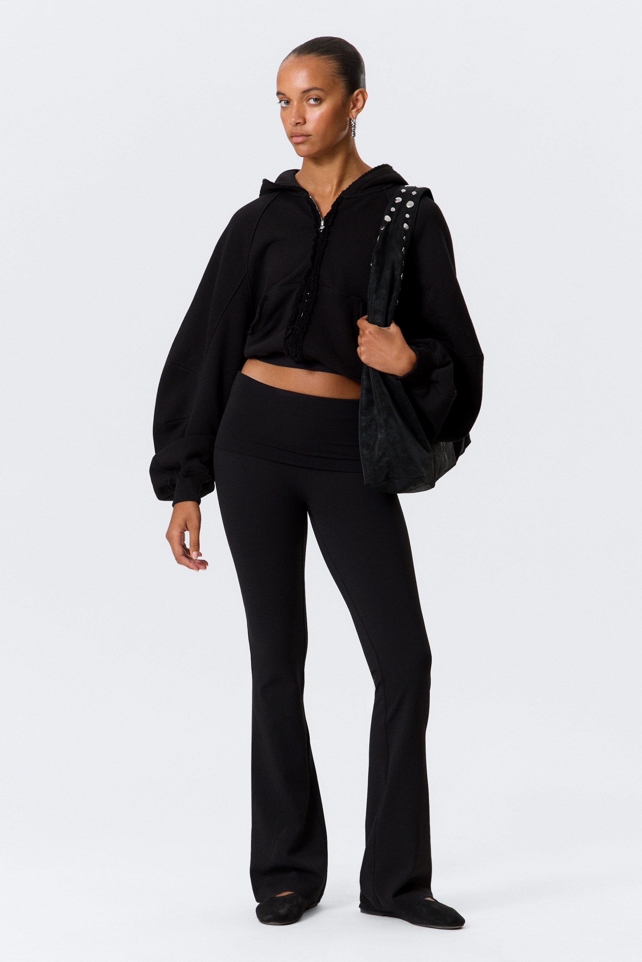 Black - Folded Waist Flared Yoga Tights - 1