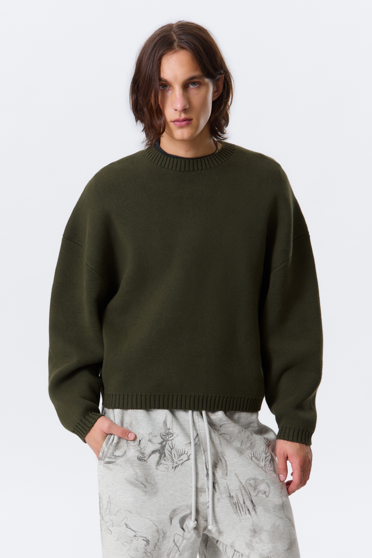 Oversized Heavyweight Cotton Sweater - Dark Khaki Green/Čierna