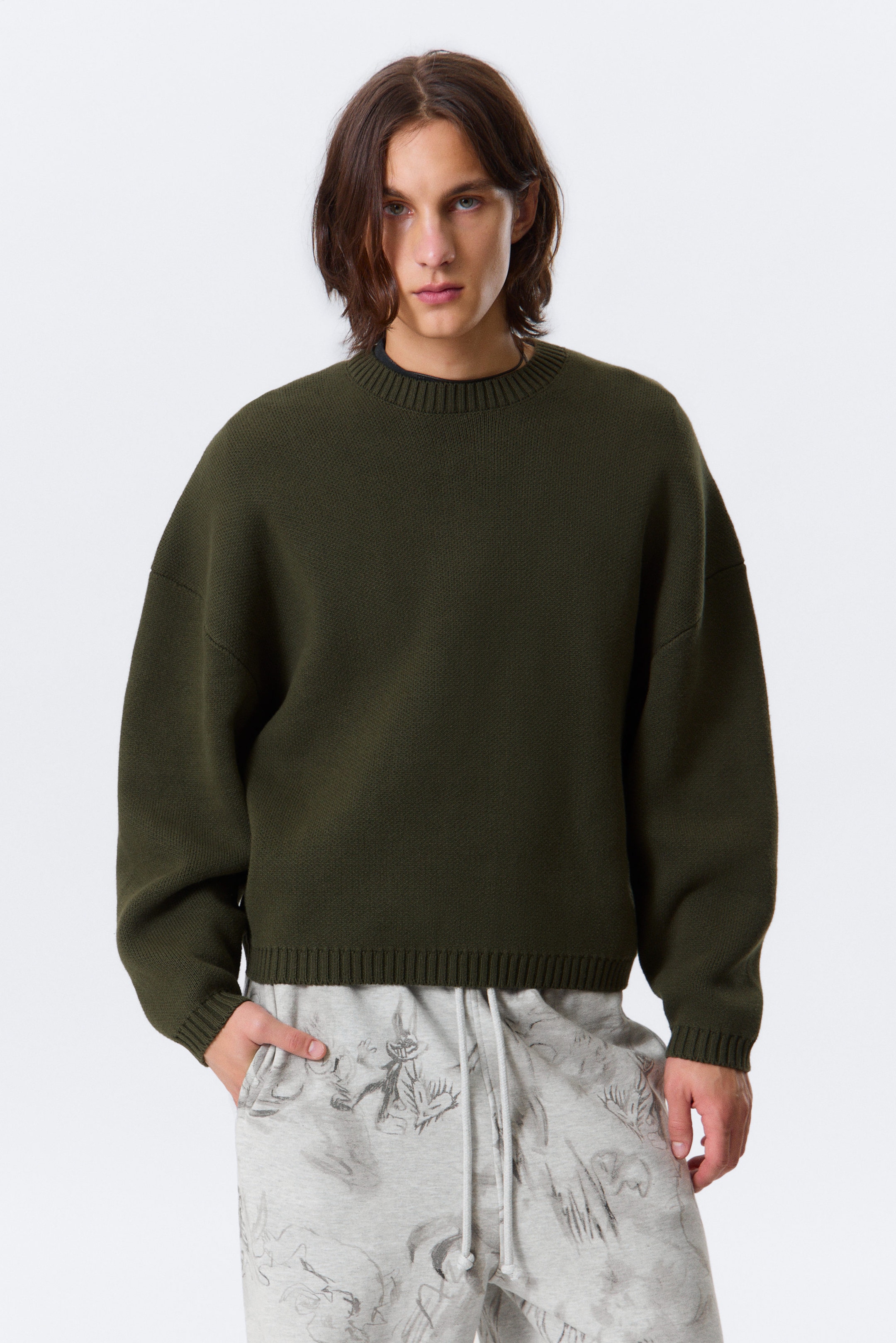 Dark Khaki Green - Oversized Heavyweight Cotton Sweater - 1