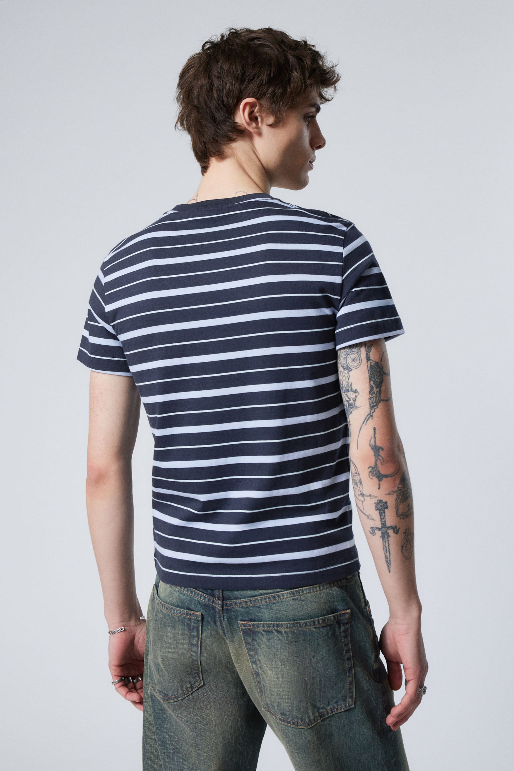 Striped Dark Blue - Shrunken Cotton T-shirt - 2