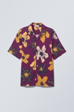 Burgundy Flower Print - Relaxed Resort Short Sleeve Shirt - 0